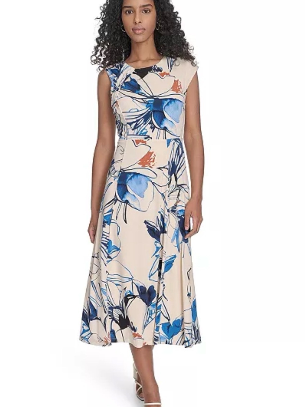 NWT Calvin Klein Cream Midi Dress with Blue Floral Print Sz 6